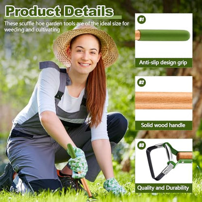 1 Pcs Mini Garden Hoes for Weeding Long Stirrup Hoe Tools Scuffle Garden Tool for Lawn Yard Weeding Gardening (Wood Handle)