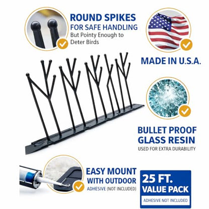 Heavy Duty Bird Spikes – Made in USA – Pigeon & Bird Deterrent for Ledges, Roofs, Fences & Window Sills – Durable Outdoor Anti-Roost Spikes – Humane Bird Control – No Glue Included (25 ft) - size: 25 ft