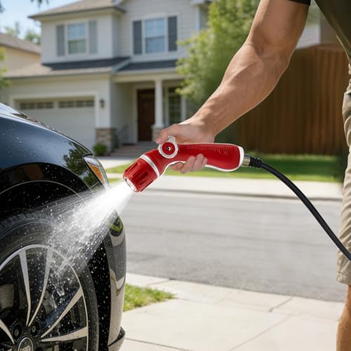 HugeDawn Garden Hose Nozzle, Heavy Duty High Pressure Metal Hose Spray Nozzle with 30% Greater Water High Flow, 3 Spray Patterns, Non-Slip Thumb Control for Quick Watering & Cleaning (Red) - color: Red