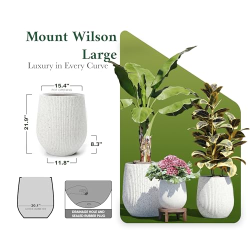 DTY Signature Mount Wilson Modern Indoor Outdoor Fiberstone Tapered Planter, Lightweight, Weather Resistant Garden Pot with Drainage Hole & Rubber Plug (Ribbed White, 20.1'' D x 21.9'' H) - color: Ribbed White, size: 20.1'' D x 21.9'' H