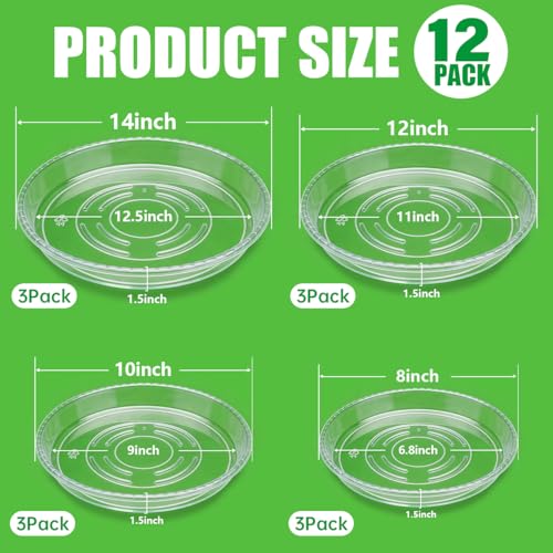 RooTrimmer 12 Pack Clear Plant Saucers for Pots,8" 10" 12" 14 Inch Assorted Sizes,Heavy Duty Thick Plastic Drip Trays,Indoor Outdoor Flower Pot Trays for Floor Protection(3 of Each Size) - size: 8-10-12-14 inch