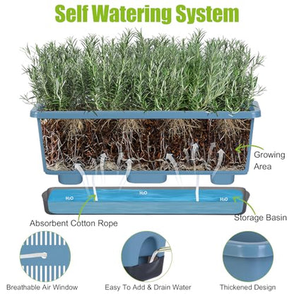 Window Box Planter 4 Packs, 17 Inches Rectangle Flower Pots with Drainage Holes & Trays, Pots for Vegetables, Herbs, Flowers, Garden Windowsill Balcony (Blue, 17 * 5.1 * 6 inch) - color: Blue