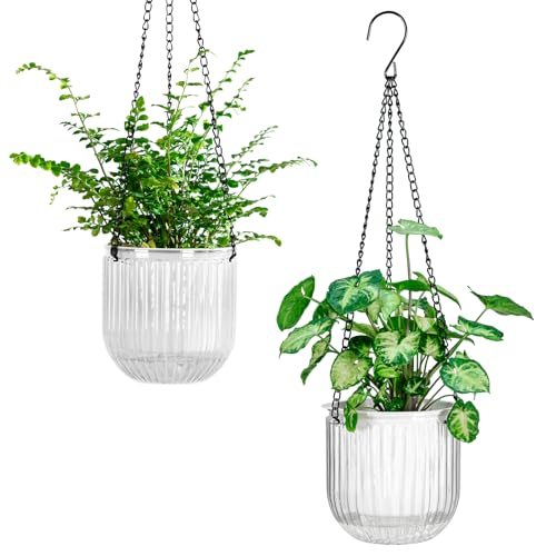 Melphoe 2 Pack Self Watering Hanging Planters Indoor Flower Pots, 5.3 Inch Outdoor Hanging Basket, Plant Hanger with 3Hooks Drainage Holes for Garden Home (White) - color: White, size: 5.3''+5.3''