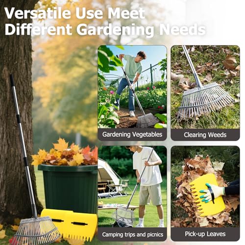 2-in-1 Leaf Rake Set with Leaf Scoops, 25-Tine Garden Rake and Grabber for Leaf Cleanup & Picker Up, Adjustable Long Handle, Wide Metal Head for Garden‌, Yard, Soil, Weeds‌, Grass, Camping