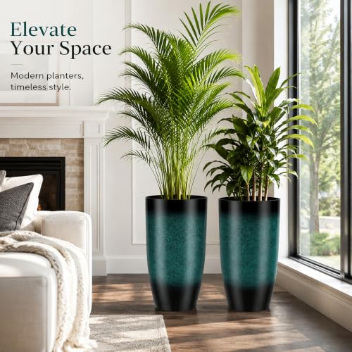 Autodaya 24" Tall Large Outdoor Planters for Plants Set of 2, Faux Ceramic - color: Gradient Turquoise-24"h