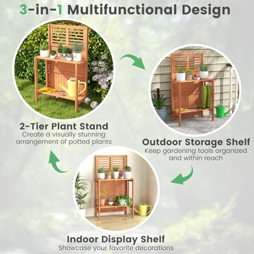 Garden Potting Bench Table, Folding Potting Bench Outdoor Workstation with Trellis & 2-Tier Shelves, Wood Potting Table for Outdoor, Deck, Balcony, Garden, Backyard