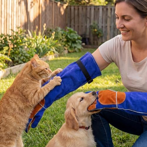 Long Leather Welding Gloves Animal Handling Scratch Bite Proof - color: Blue