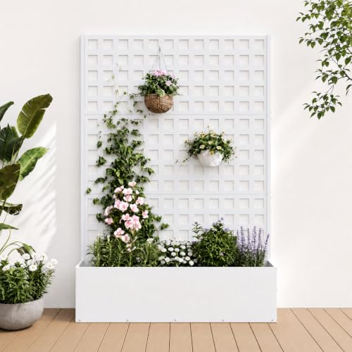 Garvee Metal Planter Box with Trellis 71"x47"x16", 15.7" Deep Planting Bed - color: Grid - White, size: no Wheel