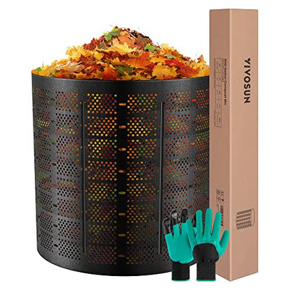 VIVOSUN 300 Gallon Outdoor Compost Bin, Expandable Composter, Easy to Setup & Large Capacity for Backyard, Lawn (Black with Gloves) - size: 300 Gallon