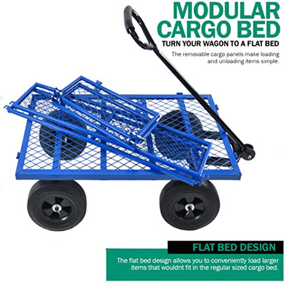 Metal Utility Wagon with 10" Solid Large Wheels 500 Lbs Capacity Heavy Duty Wheel Barrow Mesh Steel Garden Wagon Cart Dump Cart Pullable with 180° Rotating Handle Removable Sides (Blue) - color: Blue