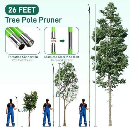 VINGLI 26FT Manual Pole Saw for Tree Trimming, Extendable Tree Pruner, Sharp Steel Blade and Scissors, High Tree Branch Cutter with Lightweight 8 Fiberglass Long Handles, for Pruning Palms and Shrubs - color: Green, size: 26ft