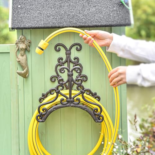 Sungmor Heavy Duty Cast Iron Garden Hose Holder - Wall Mounted Water Hose Hanger - European Vintage Pattern Decorative Hose Rack - Large Water Hose Bulter Storage - Indoor Outdoor Metal Hose Stand - color: Shape B-Vintage Rattan