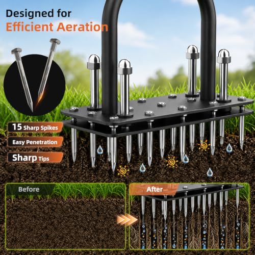 GAINO Lawn Aerator Tool, 15-Spike Aerator, Self-Cleaning, Black & Orange