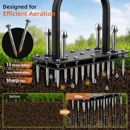 GAINO Lawn Aerator Tool, 15-Spike Aerator, Self-Cleaning, Black & Orange