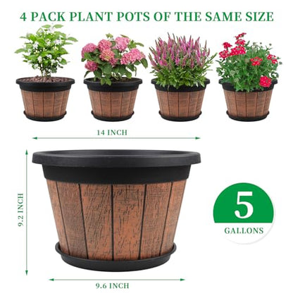 4 Pack 14 inch Plant Pots,Whiskey Barrel Planters with Drainage Holes - size: 14 inch