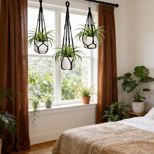 YIBOT Black Macrame Plant Hanger Indoor Hanging Planter Basket - color: Black Wooden Beads, size: 35+29+23Inch
