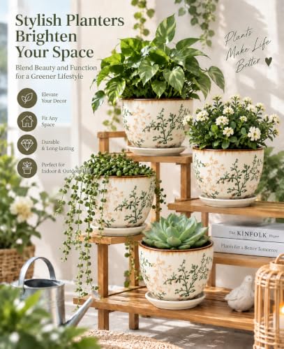 Retro Ceramic Garden Pots, 5.8 Inch Plant Pots with Drainage and Attached Saucer Set of 4, Chinoiserie Floral Large Flower Pots for Home Decor, Plant Lover Gifts, White Green - size: 5.8 inch, set of 4