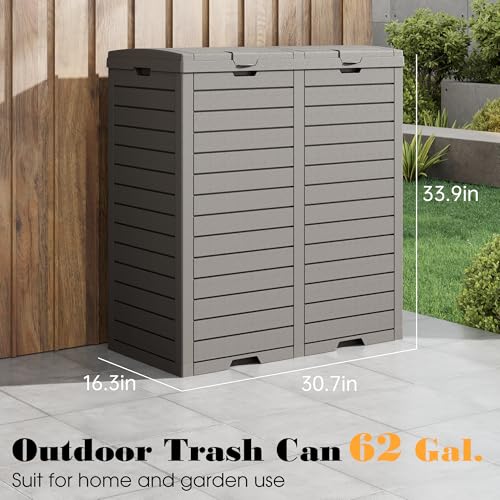 Waterproof Outdoor Trash Can with Lid, Plastic Outdoor Garbage Can with Drip Tray, Large Trash Can Outside for Patio, Garage, Pool, Garden, Backyard & Deck, Gray (62 Gallon) - color: Gray, size: 62 Gallon