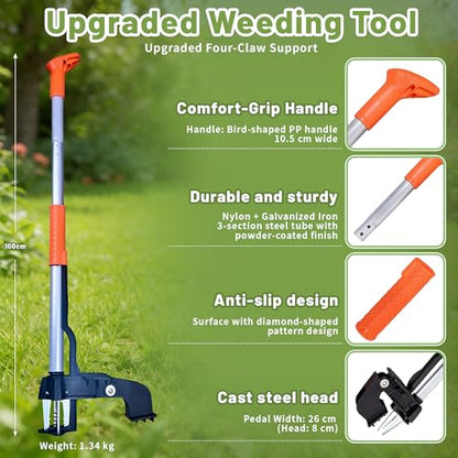 Standing Weed Puller Tool with 4 Claws, Upgraded Weed Remover Tool with Long Handle, Heavy Duty Weed Puller for Dandelion, Stand Up Weeder Root Removal Tool for Garden Lawn Yard