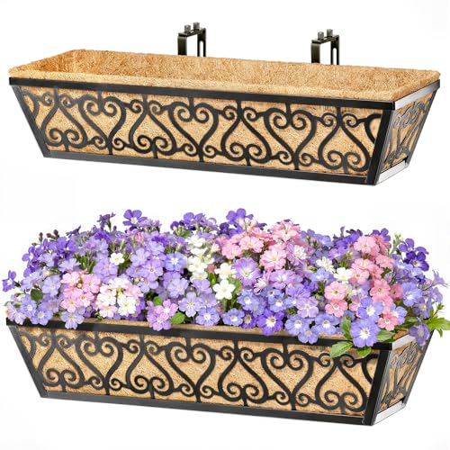 4 Pack 24 Inch Deck Railing Planter Box - Window Boxes Planters with Adjustable Brackets Coco Liners Balcony Planters Railing Hanging for Window Flower Boxes Outdoor Garden Decor - size: 24 Inch