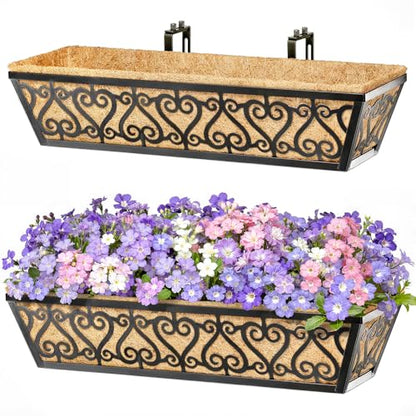 4 Pack 24 Inch Deck Railing Planter Box - Window Boxes Planters with Adjustable Brackets Coco Liners Balcony Planters Railing Hanging for Window Flower Boxes Outdoor Garden Decor - size: 24 Inch