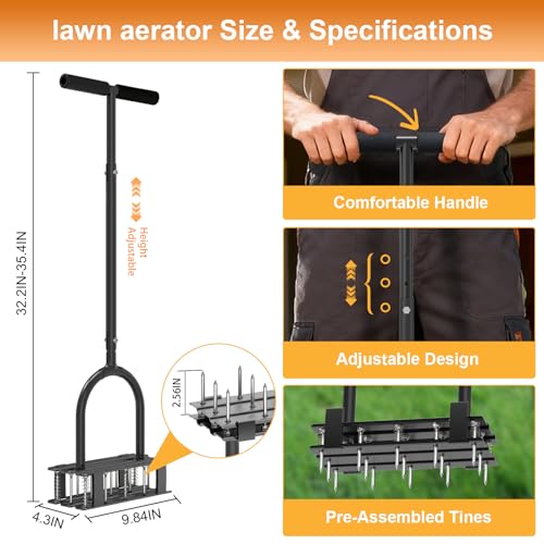 Aerator Lawn Tool - 2-in-1 Reinforced Heavy Duty Manual Lawn Aerator with 15 Spikes, Automatic Dirt and Leaf Clean Design, Adjustable T-Handle (Gloss Black) - color: Gloss Black