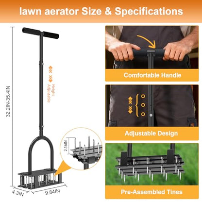 Aerator Lawn Tool - 2-in-1 Reinforced Heavy Duty Manual Lawn Aerator with 15 Spikes, Automatic Dirt and Leaf Clean Design, Adjustable T-Handle (Gloss Black) - color: Gloss Black