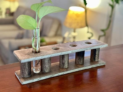 Wooden Plant Propagation Station Stand with Four Glass Test Tubes Indoor Desktop Terrarium for Hydroponics Water Plant Cutting Flower Vase Planter Home Office Garden Decor Plant Lover Gifts, Brown