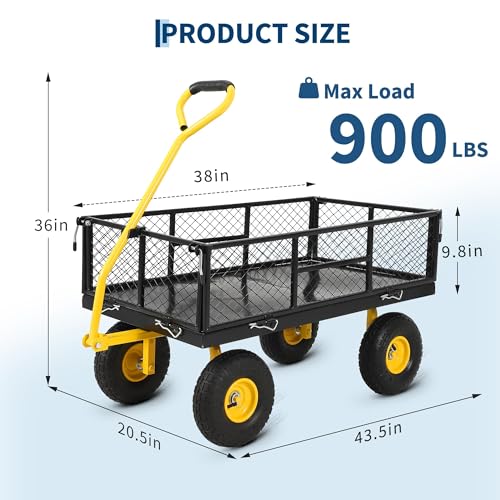 900 Lb Capacity Heavy Duty Steel Garden Cart – 2-in-1 Utility Wagon with Removable Mesh Sides, 10" All-Terrain Tires, Flatbed Conversion, 180° Rotating Handle – Perfect for Lawn, Garden & Backyard - color: Black