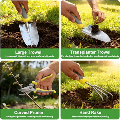 Yesker Gardening Tools 10-Piece Heavy Duty Garden Tool Set Gardening Supplies Gifts for Women Men Gardening Hand Tool Kit w Non-Slip Ergonomic Handle, Garden Bag, Durable Gloves, Pruning Shears, Gray - size: 10PCS Yellow Gray