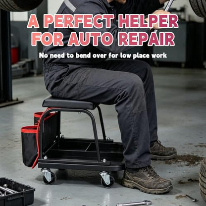 Rolling Mechanic Garage Stool on Wheels with Side Pockets, Black - color: Black