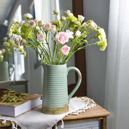 Quoowiit Ceramic Rustic Vase with Handle, Green Distressed Decorative Farmhouse Pitcher Vase for Home Decor Living Room Bedroom Kitchen Office Shelf Decor Centerpiece Table Decoration - color: 8.8 Inch Green Pitcher