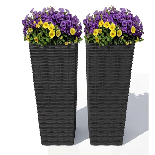 32 Inch Tall Outdoor Planters with Rattan Texture - Set of 2, Large Flower Pots for Patio, Garden, Indoor & Outdoor Use, with Removable Inner Pot & Drainage Holes - color: Black, size: 32inch