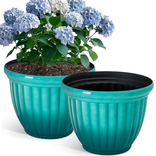 Autodaya 15" Large Planters For Outdoor Plants Set Of 2 Plastic Flower Pots - color: 15"-gradient Teal Green