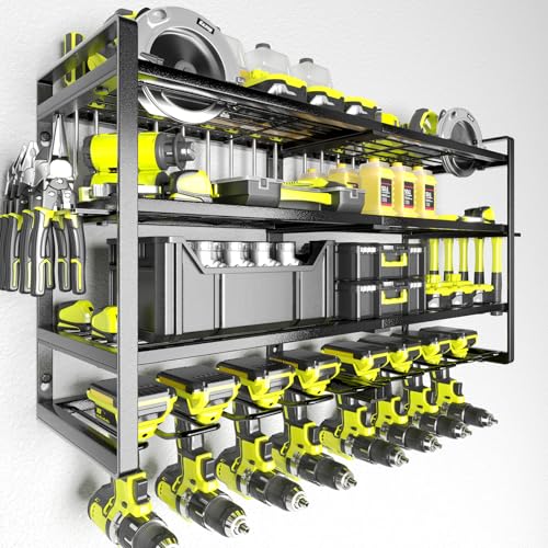 KAFAHOM Power Tool Organizer-8 Drill Holder Wall Mount,4 Layer Heavy Duty Metal Power Tool Storage Rack,Garage Tool Organizer and Storage with Screwdriver Holder/Plier Holder/Hammer Holder - color: black, size: 4-Layer 8-Drill
