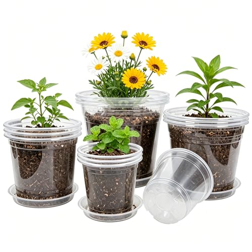 4/5/6/7 Inch 20 Pack Clear Plastic Nursery Pots with Drainage and Saucer - size: 4/5/6/7inch 20pack