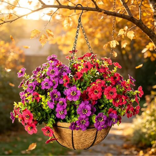 Artificial Hanging Flowers, UV Resistant, 12 Bundles, Fuchsia Red - color: Fuchsia+rose Red