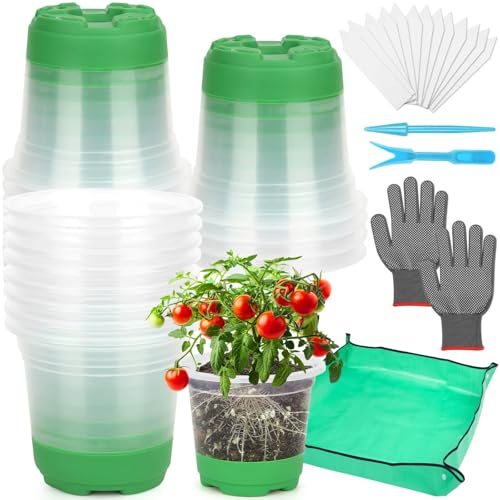 Caffox 45PCS Reusable Seed Starter Kit Includes 20 Packs 5" Clear Nursery Pots with Silicone Base, Repotting Mat, Gardening Gloves, Plant Labels and Seedling Tools for Easy Transplant - size: 5 Inch Clear Nursery Pots