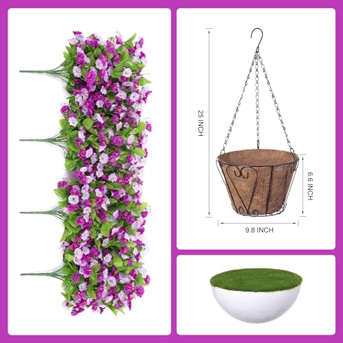 Artificial Flowers with Hanging Basket, Outdoor Faux Plants UV Resistant - color: Darkorchid