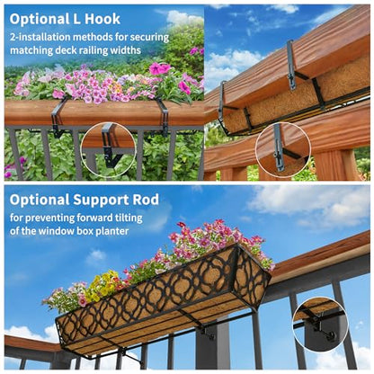 HFHOME 24 Inch Deck Railing Planter Box with Horse Trough Coco Liner, 24" Window Boxes with Coconut Coir Liner, Black Metal Hanging Flower Planter Basket for Outdoor Indoor Lawn - 4 Pack - size: 24 Inch 4-Pack Floral-Pattern