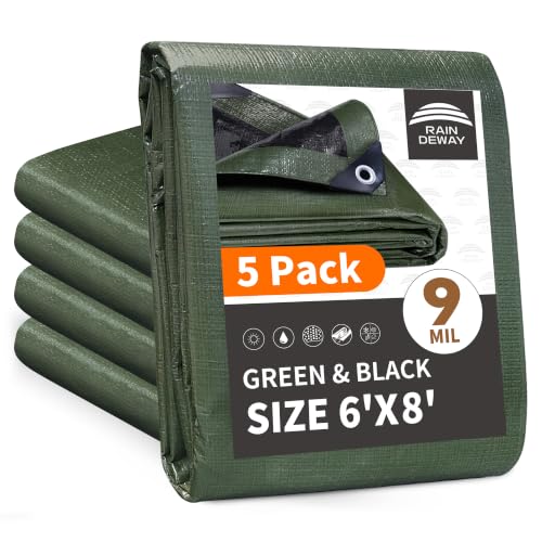 RAINDEWAY 6x8 Feet(5 Pack) Tarp Waterproof,9Mil Green/Black Tarps Cover - color: Green/Black, size: 6x8 Feet (5 Pack)-Finished size