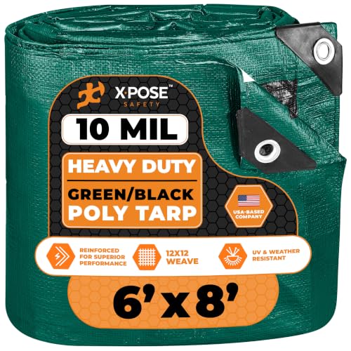 Heavy Duty Poly Tarp - 6' X 8' - 10 Mil Thick Waterproof, UV Blocking Protective Cover - Reversible Silver and Black - Laminated Coating - Grommets - by Xpose Safety - color: Green/Black, size: 6 Feet X 8 Feet