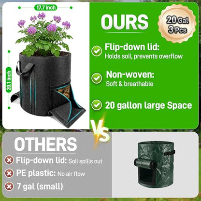 Mulctun 3Pcs 20 Gallon Potato Grow Bags, Grow Bags with Harvest & Visible Windows,Potato Bags for Growing Potatoes with Sturdy Handles,Potato Growing Containers for Growing Potatoes Vegetables - size: 3 Pcs