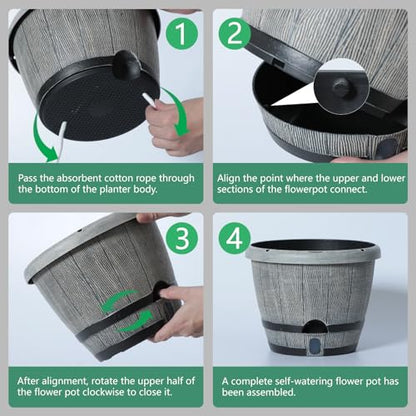 Sun-E 10" Self-Watering Whiskey Barrel Planter 3 Pack for Indoor Outdoor - color: White Wooden Grain