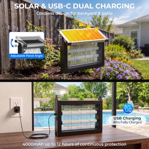 Solar Bug Zapper, 4500V Electric Grid Mosquito Killer for Patio - color: Black