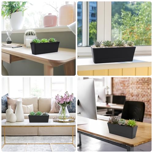 GREANER Rectangle Window Boxes, 6PCS 16x3.8 Inch Black Herb Planters with RemovableTray and Drainage Hole, Succulent Flowers Plastic Pot for Balcony, Office, Windowsill, Garden, Outdoor Decoration Use - size: 6Packs/16x3.8in
