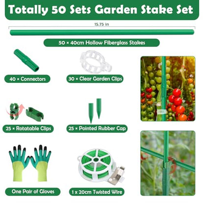 Cludoo 162PCS Garden Stakes Set with 50 Sets Fiberglass Plant Stakes Sticks Supports and Accessories, DIY 4ft 5ft 6ft 7ft Tomato Stakes for Tomato,Vegetables, Pepper, Fences Indoor Outdoor Plants - size: 50 sets