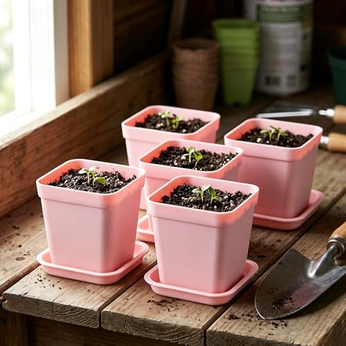 150 PCS 2.8 Inch Square Nursery Plant Pots, Plastic Plant Seedling Pots with Drainage Holes, Pink Plant Seedling Pots for Starting Seedlings or Garden Plant