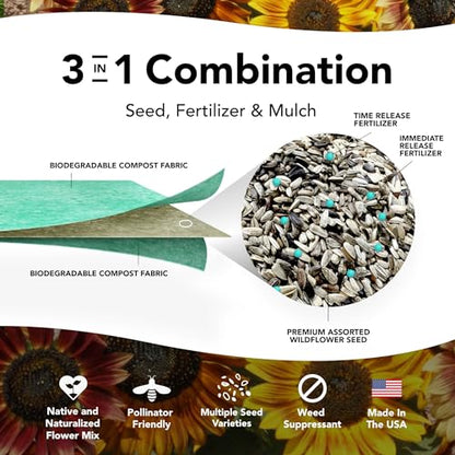 Growtrax Sunflower & Wildflower Seed Mat - 40 sqft Easy Plant and Grow with Eco-Friendly Bio Fabric Attracts Butterflies, Bees Blooms in Summer and Fall - Spring Mix Ideal for Gardens, Pots, Walkways - style: Sunflower Mix