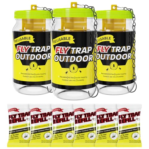 3 Reusable Fly Traps Outdoor Bottles, Fly Killer Catcher Jar with 6 Bait - size: 3 pack1